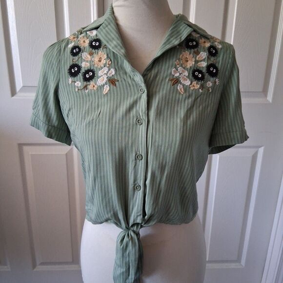 Torturo Green Embroidered Button Shirt Womens Small  Floral Tie Front Striped - Picture 1 of 7